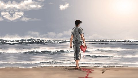 Мальчик, сердце, берег, пляж, вода, небо, облака