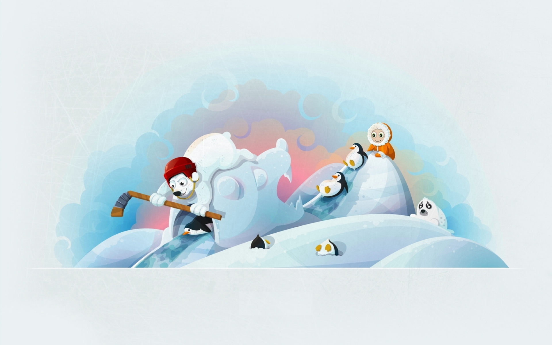 Картинки Зима, медведи, хоккей, хоккейная клюшка, ребенок, пингвин, веселье, печать фото и обои на рабочий стол