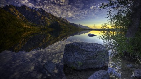 Камень, серый, горы, отражение, озеро