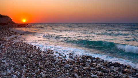 Камни, побережье, море, солнце, диск, снижение