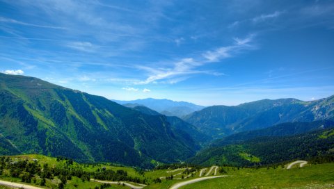 Трассы, горы, луга, открытые пространства, лес, лето, день, солнечно