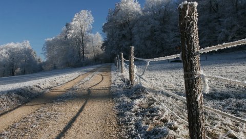 Забор, колья, иней, седые волосы, зима, холод, дорога, страна
