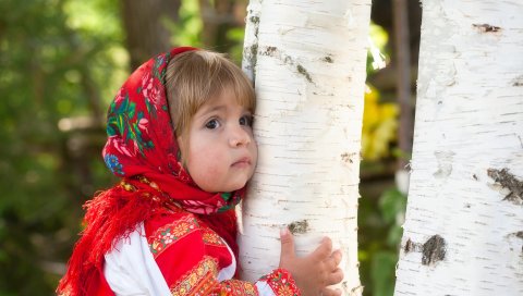 Девушка, ребенок, лето, лес, береза, платье, россия