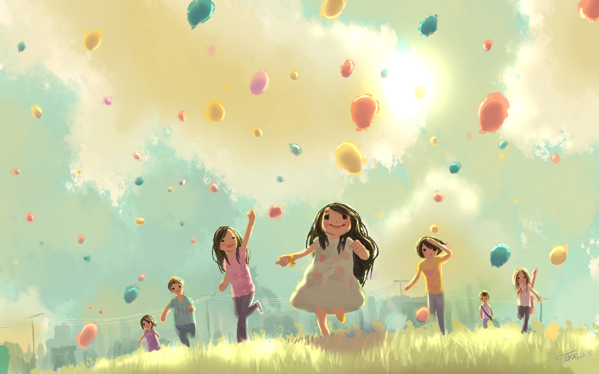 Картинки Дети, прыгать, бегать, трава, праздник, воздушные шары фото и обои на рабочий стол