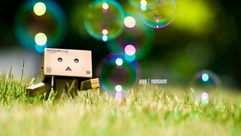 Danboard, трава, пузыри, прогулка, картонный робот