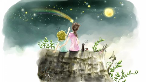 Дети, рисунок, девушка, звезды, небо