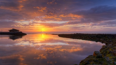 берег, камни, домик, солнце, закат, водохранилище