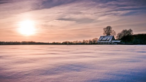 ложе, крышка, снег, ковровое покрытие, сугробы, солнце, облако