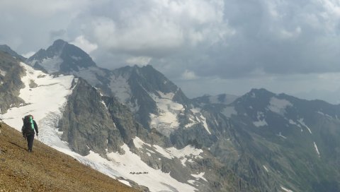 Панорама, горы, человек, вознесение, альпинист, одиночество