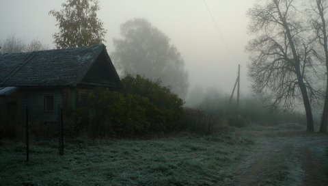 Дорога, страна, туман, деревья, дымка, дом, хмурый