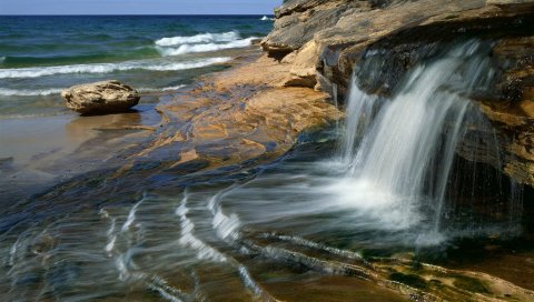 Водопад, плиты, побережье, море