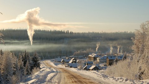 Дорога, зима, дома, страна, деревня, дым, пожарная камера