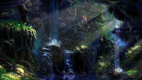 Падения, скалы, растительность, попугай, ночь, искусство