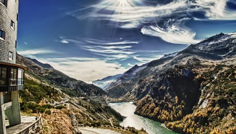 Солнце, свет, река, горы, структура, балкон, вид, высота, цвета, краски