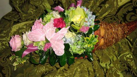 Розы, гортензии, орхидеи, цветок, ткань, бабочка