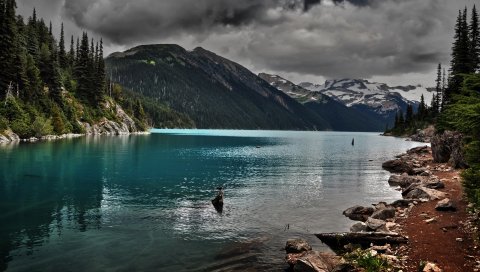 Озеро, горы, камни, облачно, уныние