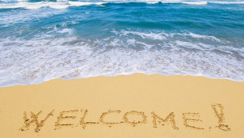 Надпись, приветствие, песок, море, курорт, волны