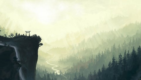 Падает, горы, Китай, река, солнце, свет, лучи, арка, туман