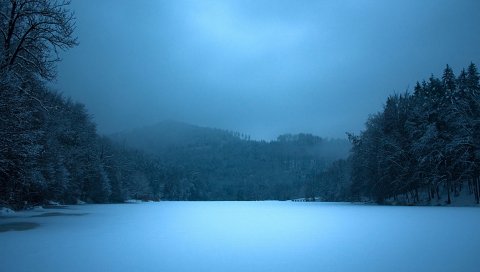 Озеро, ночь, замороженный, поверхность, лед, синий