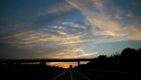 Мост, дорога, маршрут, вечер, транспорт, облака, небо