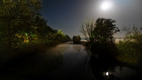 Луна, свет, ночь, тьма, река, деревья, вода