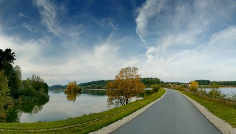 Дорога, озера, побережье, пейзаж, небо, легкость