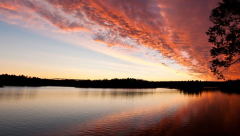 Снижение, облака, водохранилище, плумоза, легко, воздух