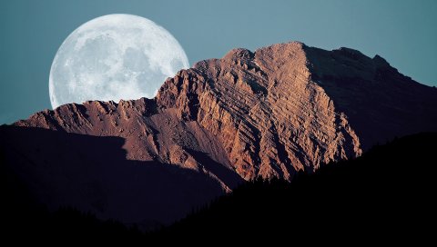 Полная луна, горы, тени, небо, диск