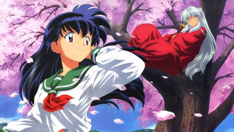 Higurashi kagome inuyasha, девушки, велосипед, кимоно, дерево, улыбка, весна