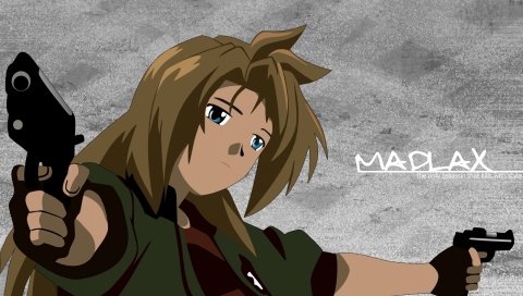 Madlax, девушка, оружие, улыбка, взгляд