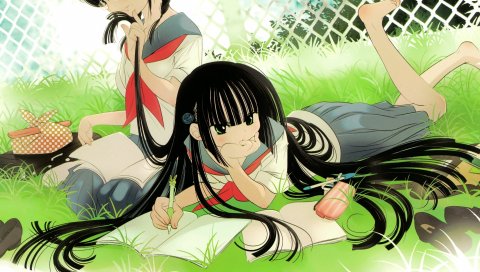 Kodomo no jikan, девушка, брюнетка, блокнот, трава