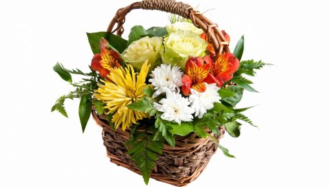Хризантемы, альстромерия, розы, корзина, композиция, дизайн