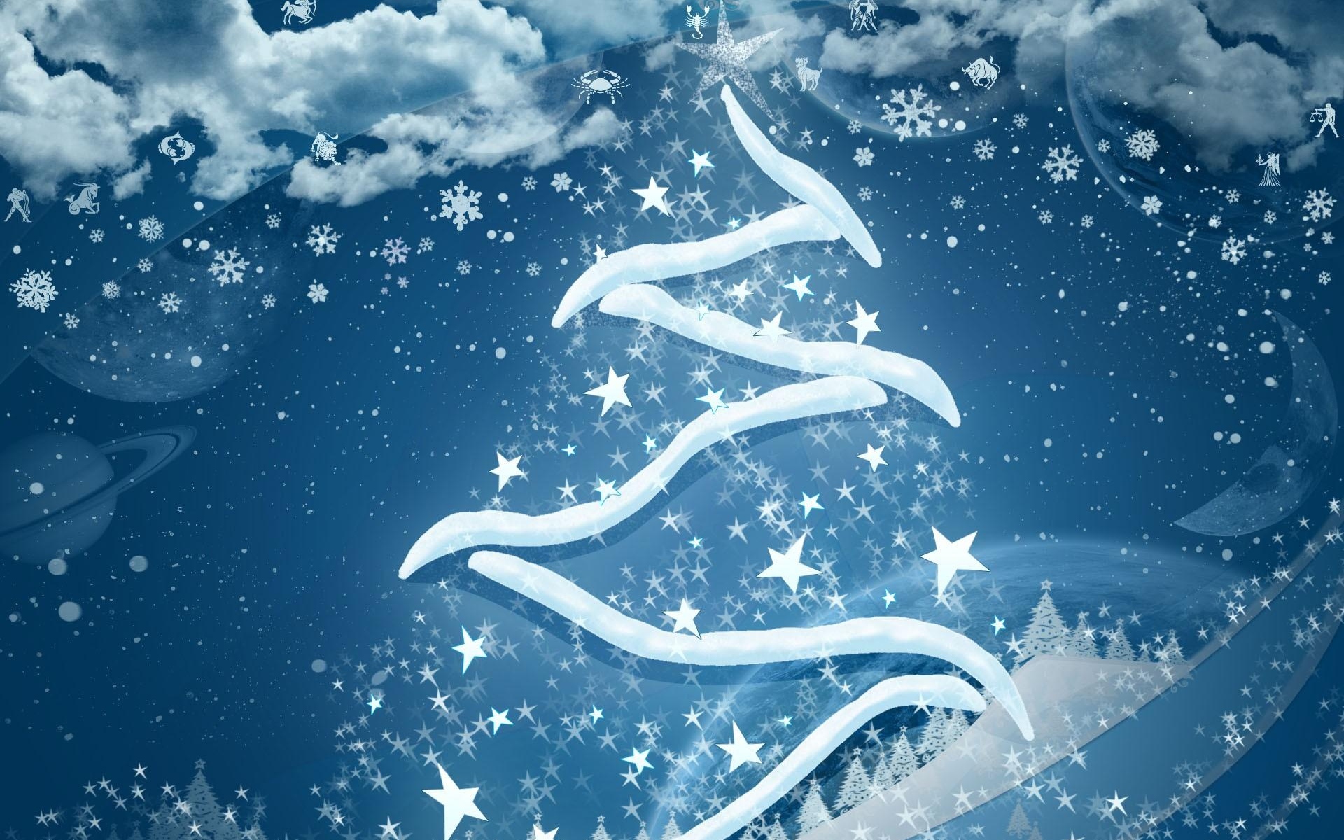 Картинки Рождественская елка, снежинки, звезды, облака, планеты, знаки зодиака фото и обои на рабочий стол