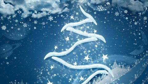 Рождественская елка, снежинки, звезды, облака, планеты, знаки зодиака