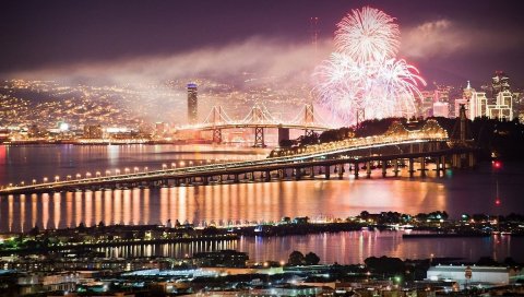 Сан-Франциско, США, город, фейерверк, ночь, мост, праздник