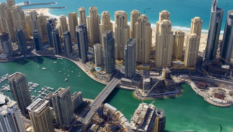 Dubai, uae, здания, небоскребы, побережье, море, мост