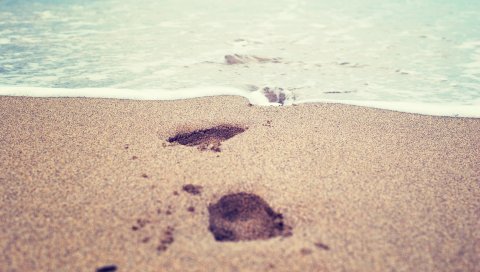 Следы, песок, берег, вода, макро, зерно