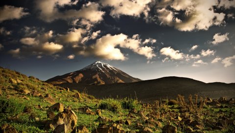 Эльбрус, гора, вершина, облака, камнепад