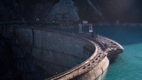 Плотина, дорога, транспорт, река, скала