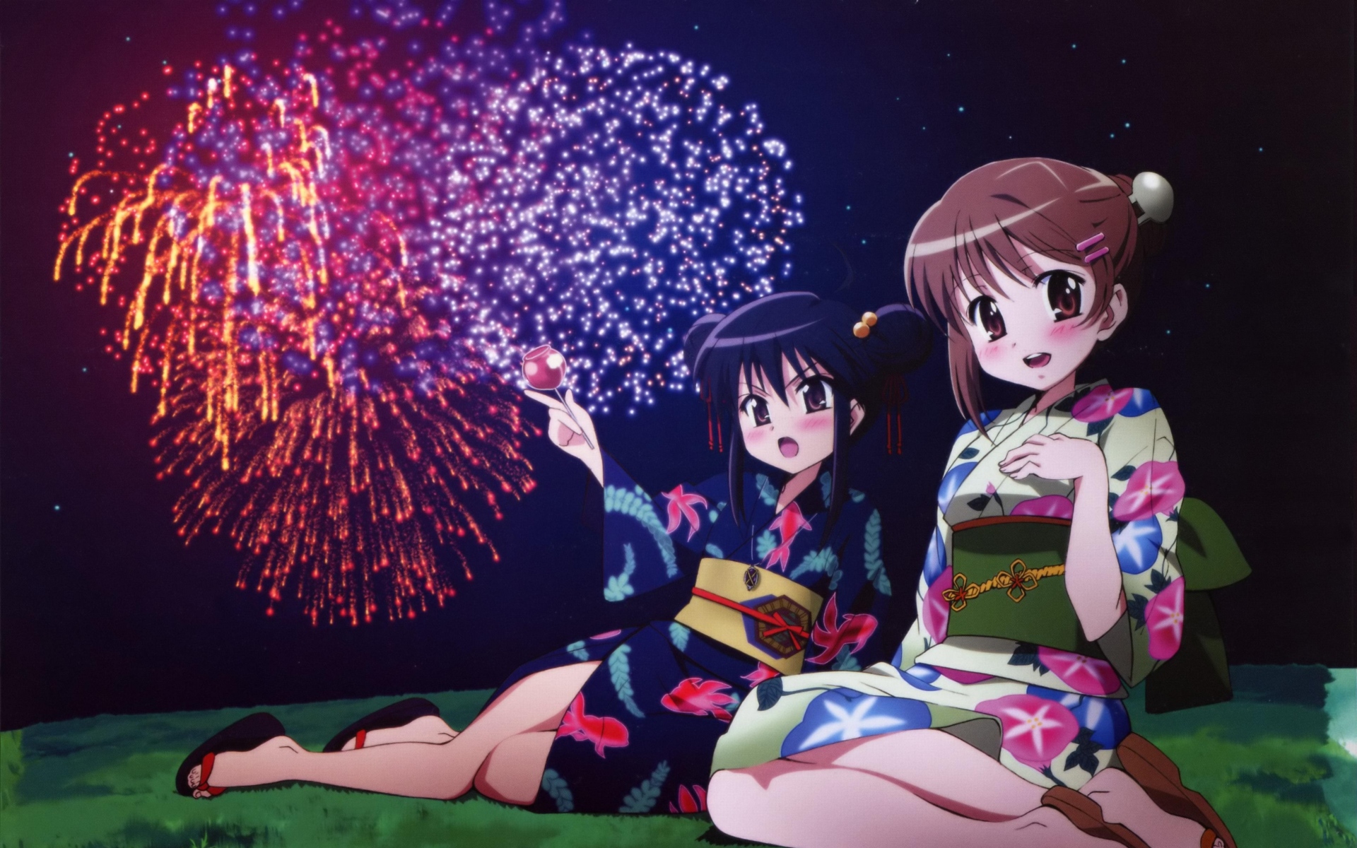 Картинки Shakugan no shana, девушки, фейерверки, кимоно фото и обои на рабочий стол