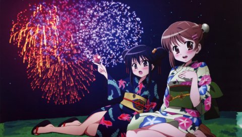 Shakugan no shana, девушки, фейерверки, кимоно