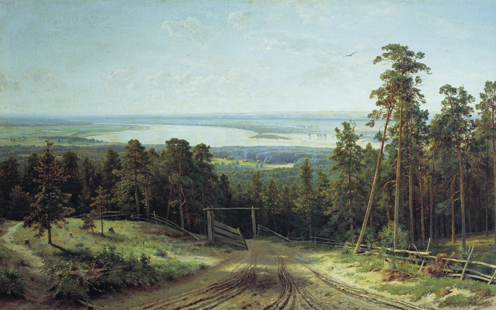 Картинки Живопись, искусство, дорога, ворота, забор, дерево, страна фото и обои на рабочий стол