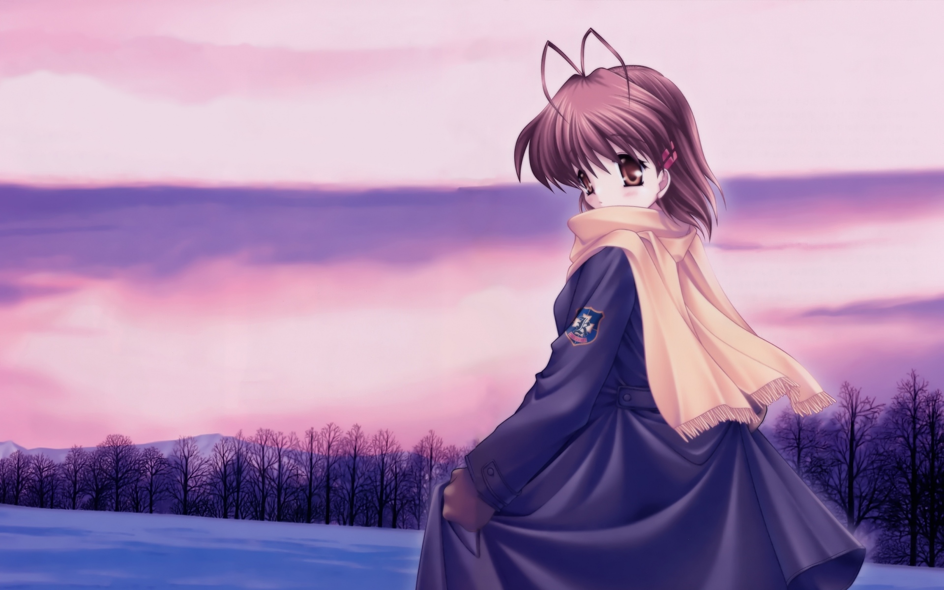 Картинки Clannad, furukawa nagisa, девушка, шарф, зима, снег, закат фото и обои на рабочий стол