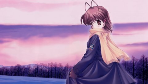 Clannad, furukawa nagisa, девушка, шарф, зима, снег, закат