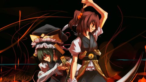 Touhou, девушки, улыбка, оружие