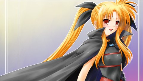 Mahou shoujo лирическая nanoha, девушка, блондинка, румянец, плащ