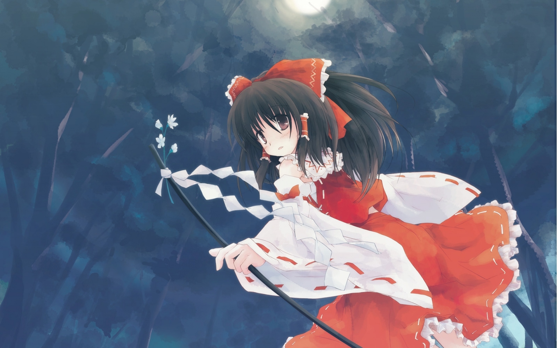 Картинки Hakurei reimu, девушка, брюнетка, платье, полет, луна фото и обои на рабочий стол