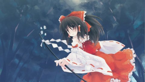 Hakurei reimu, девушка, брюнетка, платье, полет, луна