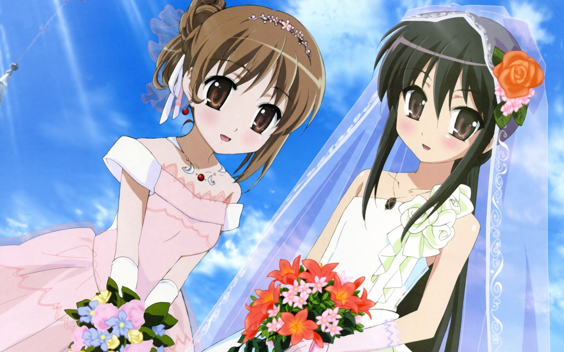 Картинки Shakugan no shana, yoshida kazumi, девушки, невеста, букет, небо фото и обои на рабочий стол
