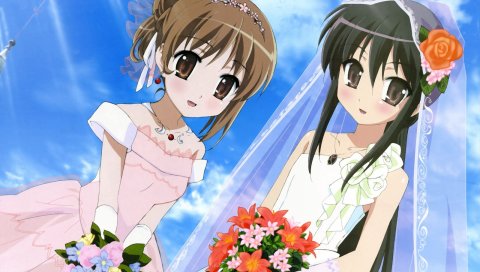 Shakugan no shana, yoshida kazumi, девушки, невеста, букет, небо